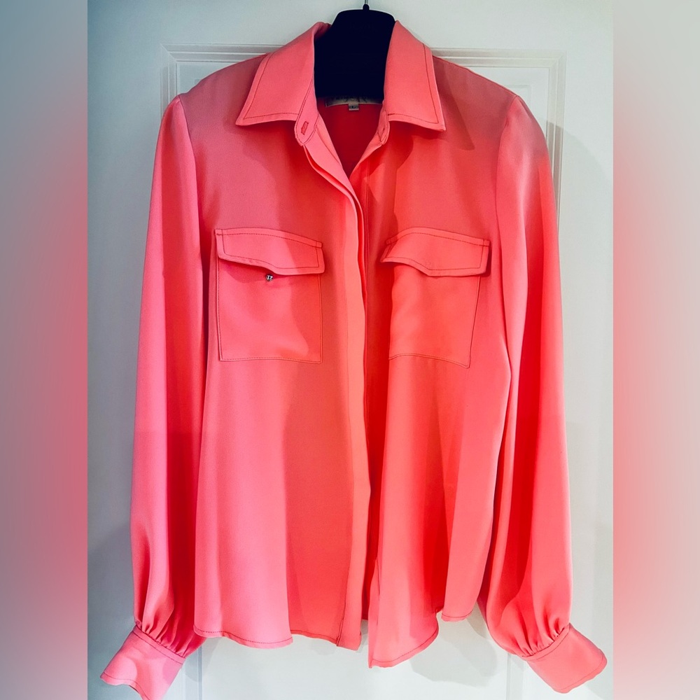 Trina Turk Coral Pink Buttoned Notched Collar Blouse